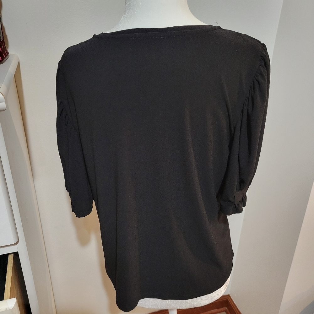 CeCe Balloon Sleeve Solid Black Round Neck Workwear Goth Blouse | Medium - Picture 5 of 7